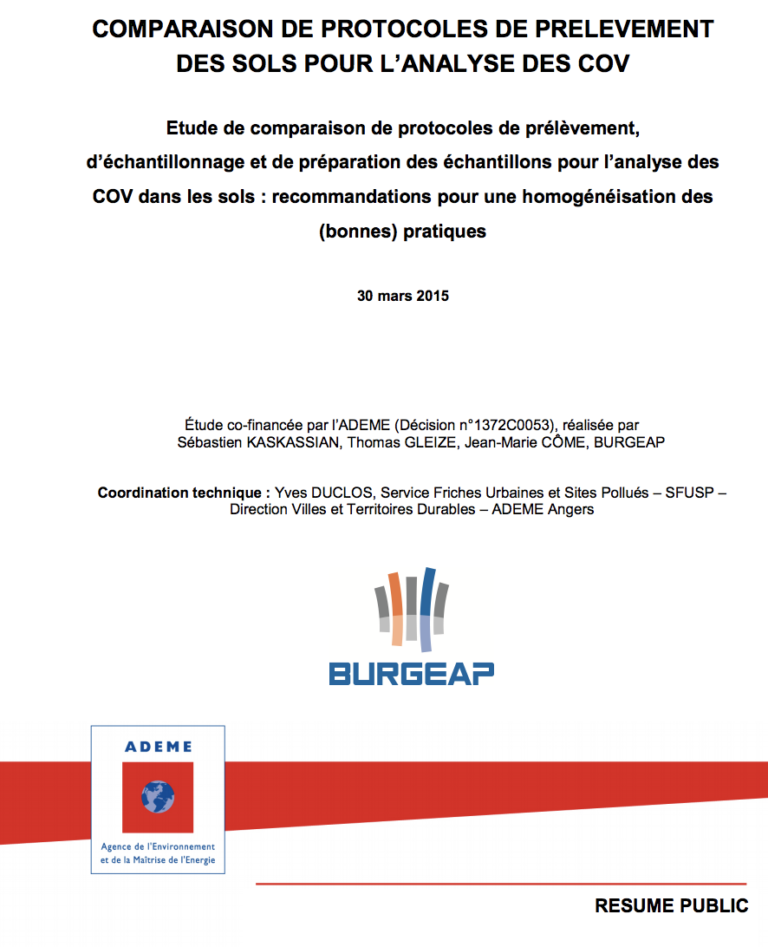 Comparaison de protocoles de prelevement des sols pour lanalyse des COV ADEME